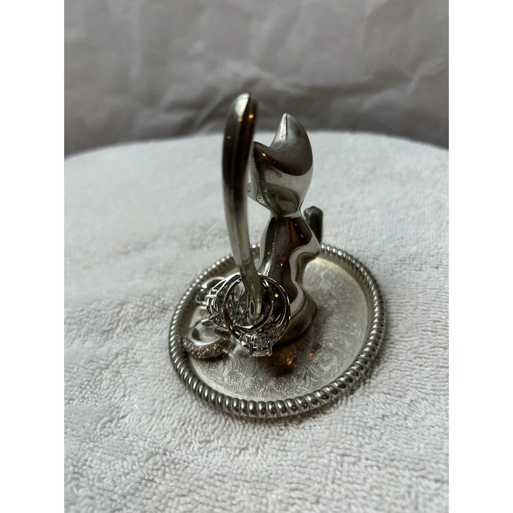 Cat Ring Holder Silver Trinket Dish Jewelry Tray Kitty Kitten Decor